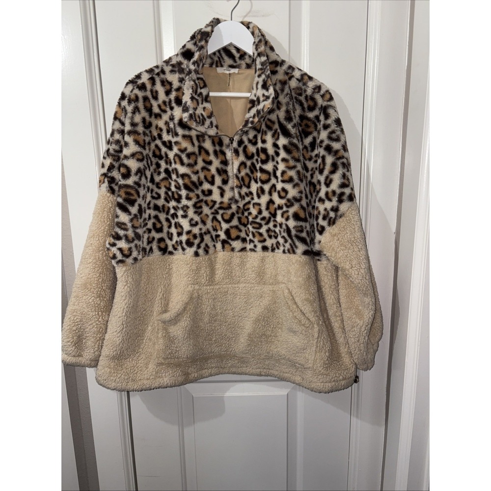 ENTRO Taupe LEOPARD Faux Fur/Sherpa 3/4 Zip POUCH POCKET Pullover JACKET TOP XL